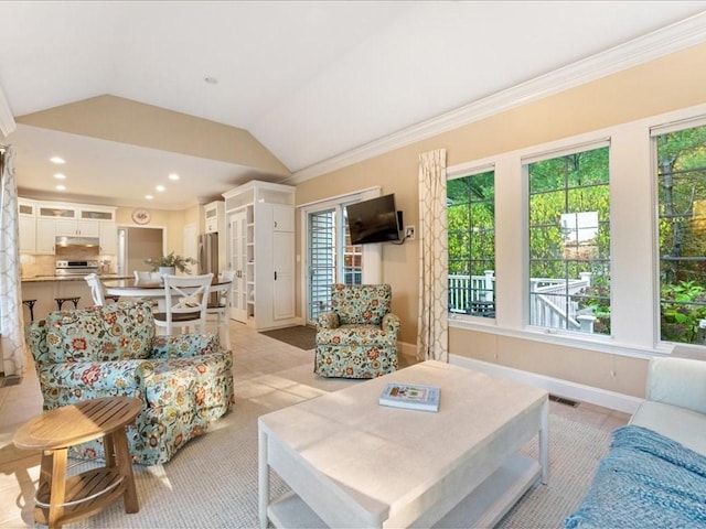 26 Silver Brook Ln Unit 26, Norwell, MA 02061 - living area featuring lofted ceiling, recessed lighting, crown molding, and light tile patterned floors