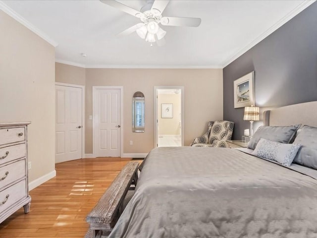 26 Silver Brook Ln Unit 26, Norwell, MA 02061 - bedroom with light wood finished floors, ornamental molding, a ceiling fan, and ensuite bath