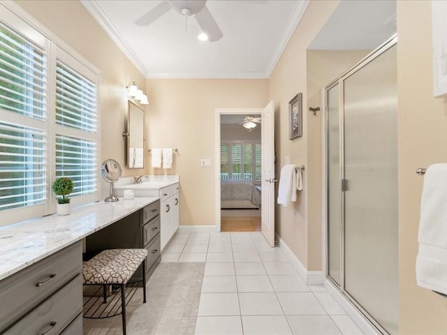 26 Silver Brook Ln Unit 26, Norwell, MA 02061 - ensuite bathroom with a ceiling fan, a stall shower, vanity, crown molding, and tile patterned floors