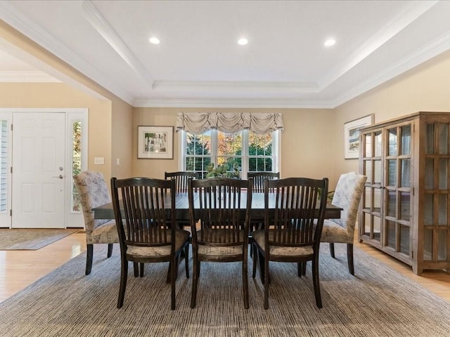 26 Silver Brook Ln Unit 26, Norwell, MA 02061 - dining space featuring a raised ceiling, light wood-type flooring, crown molding, and recessed lighting