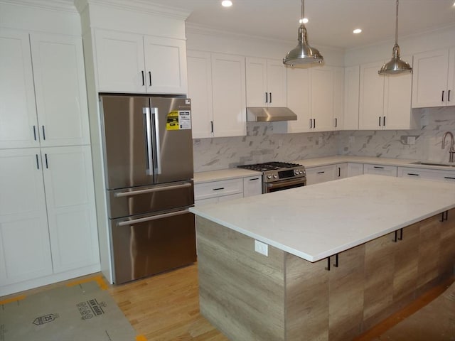83 Johnson Woods Dr Unit 83, Reading, MA 01867 - kitchen featuring appliances with stainless steel finishes, under cabinet range hood, a sink, white cabinets, and crown molding