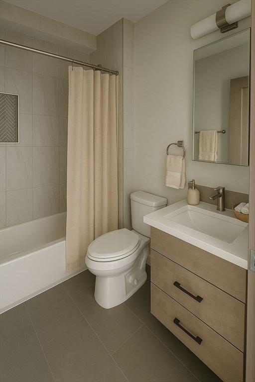 43-47 Fremont Unit 9, Boston, MA 02126 - full bathroom featuring toilet, shower / bath combination with curtain, tile patterned flooring, and vanity