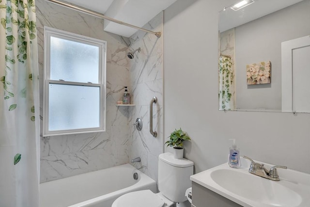 bathroom with toilet, shower / tub combo, and vanity