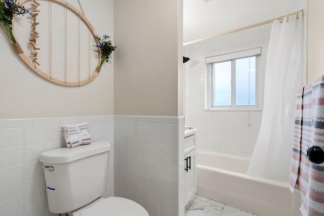 full bathroom featuring tile walls, toilet, shower / tub combo with curtain, and vanity