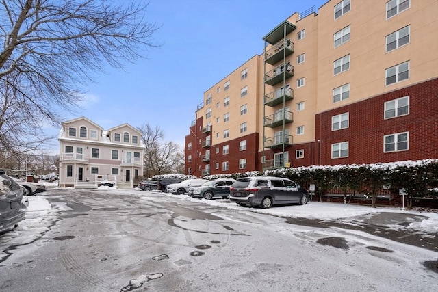 view of snow covered building