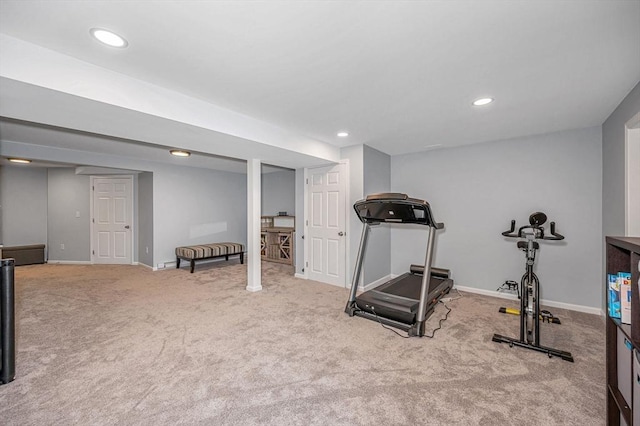 exercise room with carpet, baseboards, and recessed lighting