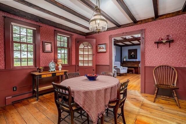 9 Eaton St, Gardner, MA 01440 - dining area featuring wallpapered walls, light wood-style floors, a wainscoted wall, beamed ceiling, and a chandelier