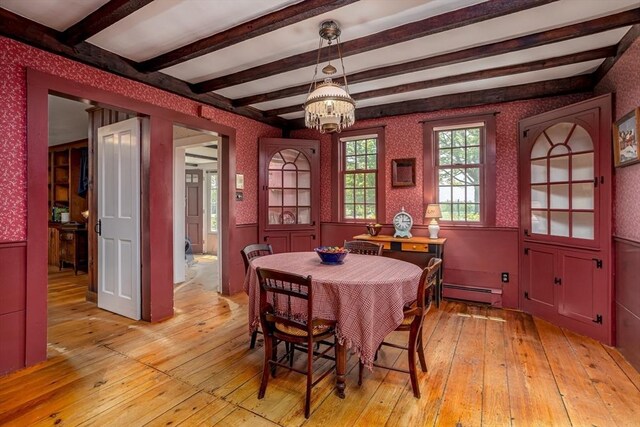 9 Eaton St, Gardner, MA 01440 - dining room featuring wallpapered walls, light wood-type flooring, a chandelier, a baseboard radiator, and beamed ceiling