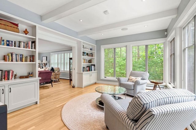 1 Crooked Ln, Manchester, MA 01944 - living room featuring beamed ceiling, light wood-type flooring, built in features, and a baseboard heating unit