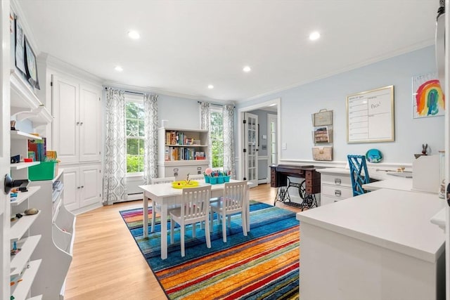 1 Crooked Ln, Manchester, MA 01944 - dining space with crown molding, light wood-style flooring, recessed lighting, and french doors