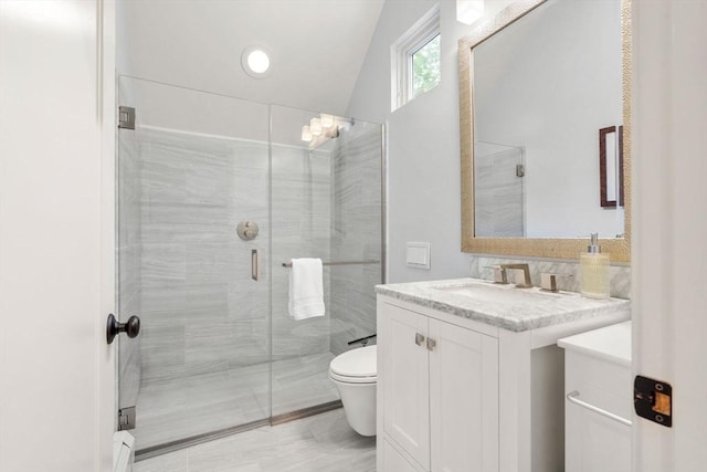 1 Crooked Ln, Manchester, MA 01944 - bathroom featuring vanity, a shower stall, and lofted ceiling
