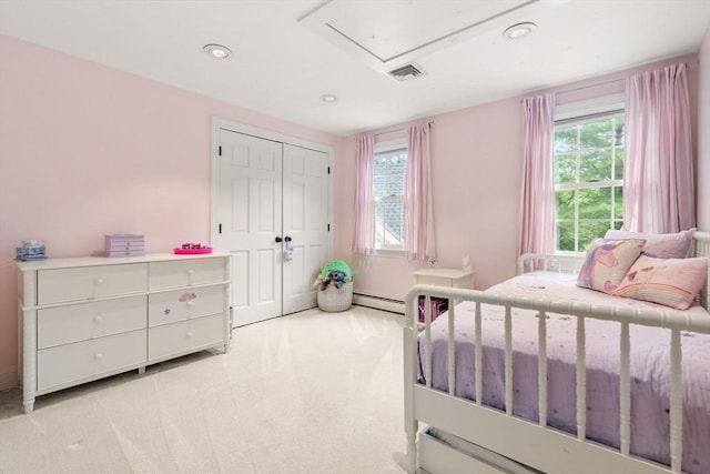 1 Crooked Ln, Manchester, MA 01944 - bedroom featuring a baseboard heating unit, attic access, light colored carpet, recessed lighting, and a closet