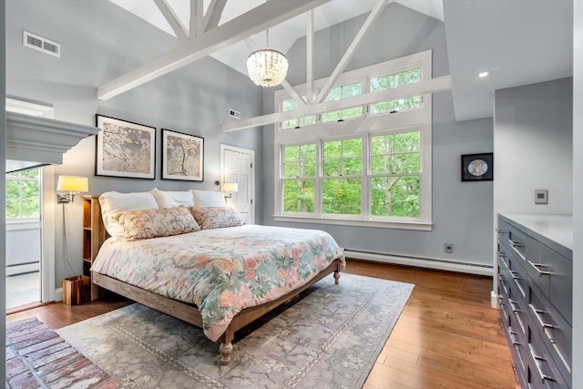 1 Crooked Ln, Manchester, MA 01944 - bedroom featuring baseboard heating, high vaulted ceiling, a baseboard heating unit, wood finished floors, and multiple windows