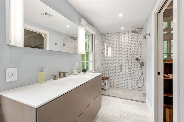 1 Crooked Ln, Manchester, MA 01944 - full bath featuring a stall shower, vanity, and recessed lighting