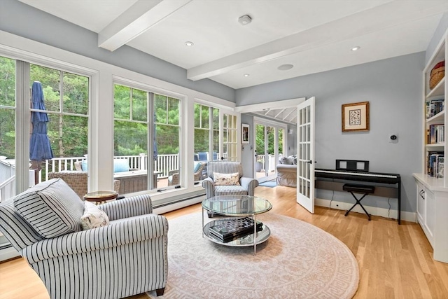 1 Crooked Ln, Manchester, MA 01944 - living room featuring french doors, beamed ceiling, plenty of natural light, and light wood-style flooring