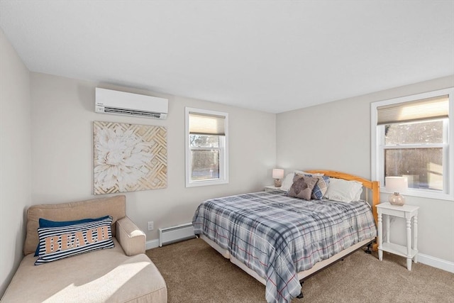 bedroom with carpet flooring, a wall mounted AC, and a baseboard radiator