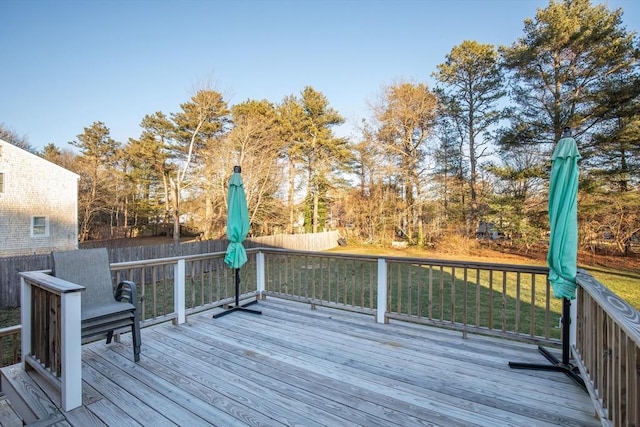 wooden deck featuring a yard