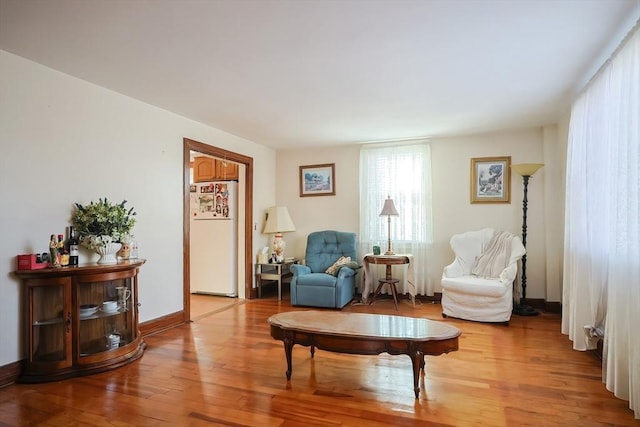 living area featuring baseboards and light wood finished floors
