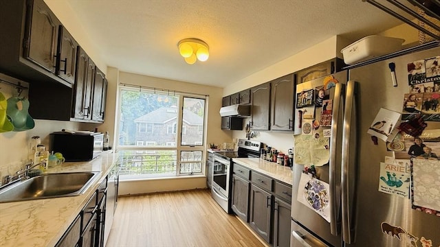 66 Winchester St Phb, Phb, Brookline, MA 02446 - kitchen featuring appliances with stainless steel finishes, a sink, light countertops, dark brown cabinets, and light wood-style floors