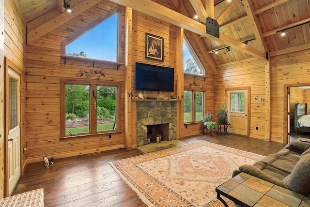4 Paddock Rd, Rutland, MA 01543 - living area featuring wooden ceiling with exposed beams, wooden walls, high vaulted ceiling, rail lighting, and healthy amount of natural light