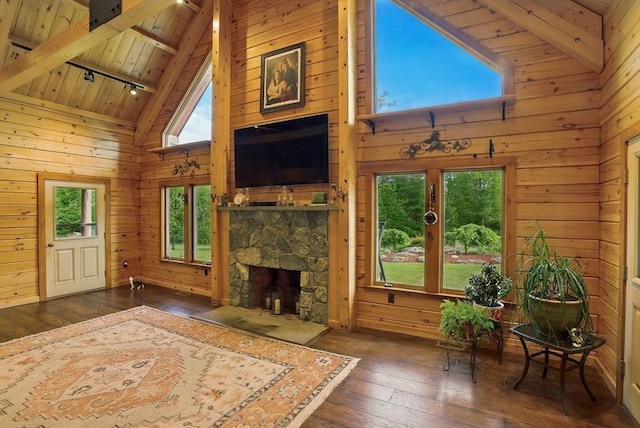 4 Paddock Rd, Rutland, MA 01543 - living room featuring wood ceiling with exposed beams, high vaulted ceiling, wooden walls, hardwood / wood-style flooring, and a fireplace