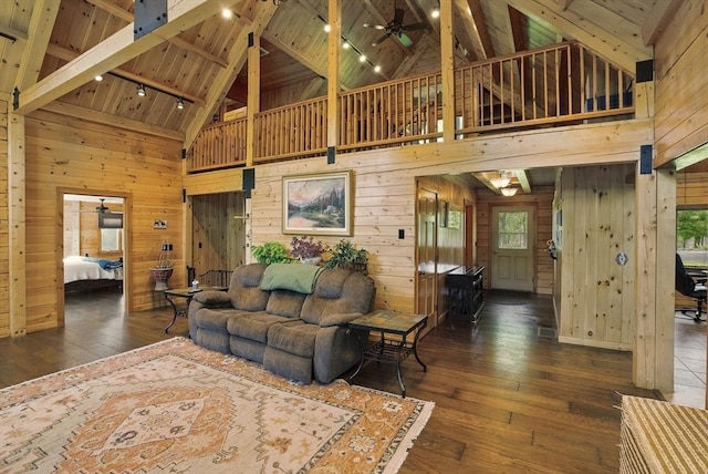 4 Paddock Rd, Rutland, MA 01543 - living area with high vaulted ceiling, wooden ceiling with exposed beams, wood walls, hardwood / wood-style flooring, and rail lighting