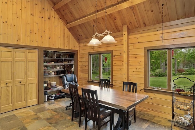 4 Paddock Rd, Rutland, MA 01543 - dining space with stone tile floors, wood walls, wooden ceiling with exposed beams, and high vaulted ceiling