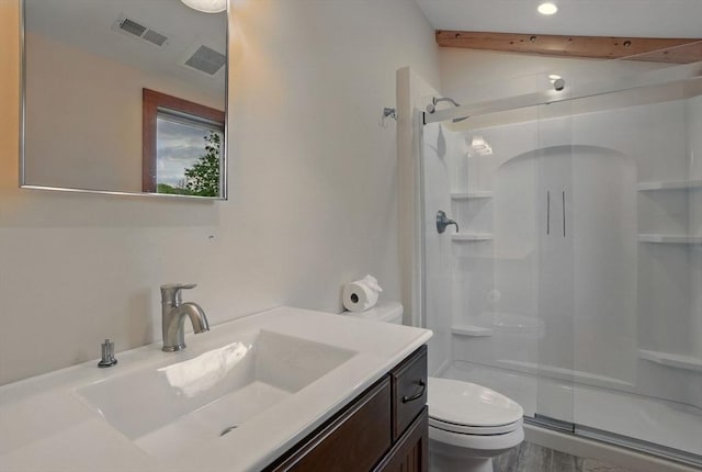 4 Paddock Rd, Rutland, MA 01543 - full bath featuring toilet, a shower stall, vanity, recessed lighting, and beam ceiling