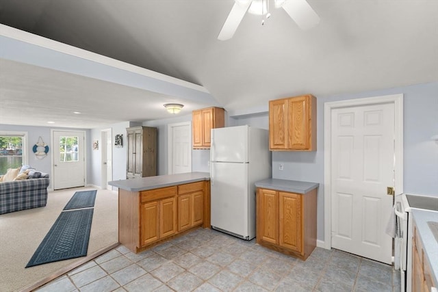 35 Island Rd, Holland, MA 01521 - kitchen with white appliances, open floor plan, a peninsula, lofted ceiling, and a ceiling fan