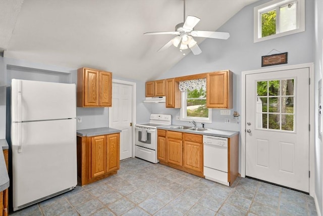 35 Island Rd, Holland, MA 01521 - kitchen featuring white appliances, under cabinet range hood, lofted ceiling, a sink, and a ceiling fan