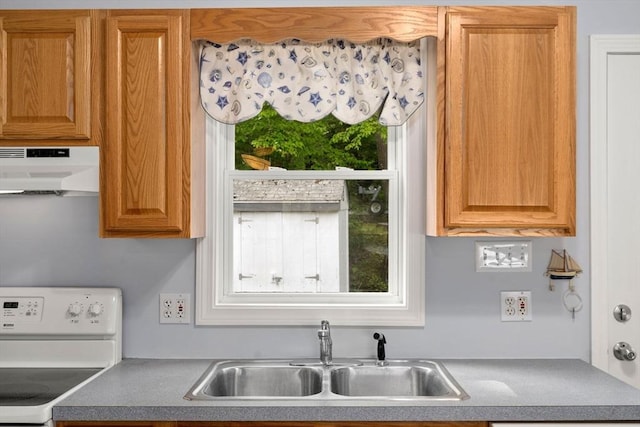 35 Island Rd, Holland, MA 01521 - kitchen with under cabinet range hood, white electric range oven, a sink, and healthy amount of natural light