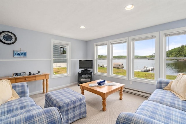35 Island Rd, Holland, MA 01521 - carpeted living room with a baseboard radiator, baseboards, and recessed lighting