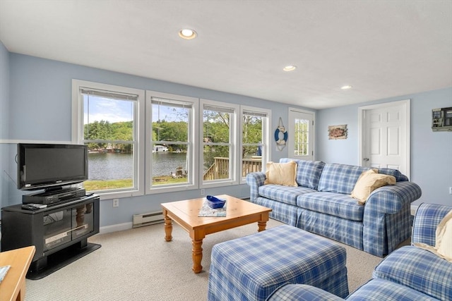 35 Island Rd, Holland, MA 01521 - living room with a baseboard radiator, plenty of natural light, carpet floors, recessed lighting, and baseboards