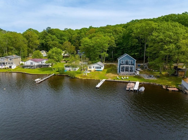 35 Island Rd, Holland, MA 01521 - water view featuring a heavily wooded area, a dock, and nearby suburban area