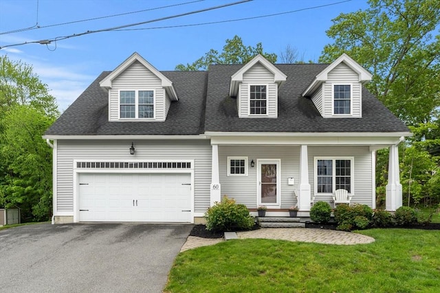 60 Phillips Ct, North Andover, MA 01845 - cape cod home featuring driveway, a porch, a front yard, a shingled roof, and a garage
