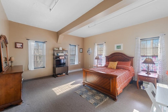 bedroom featuring carpet, baseboards, and multiple windows