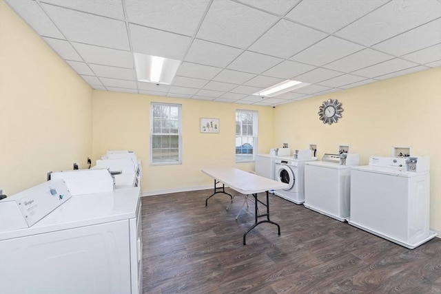 shared laundry area featuring dark wood-style floors, baseboards, and washing machine and dryer