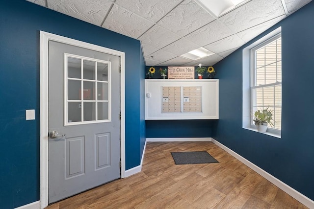 doorway featuring wood finished floors, mail area, and baseboards
