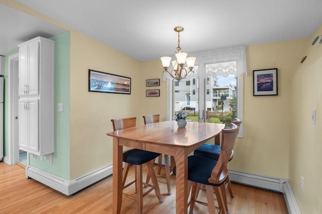 5 I St Unit 2, Newburyport, MA 01950 - dining space featuring light wood-style floors, a baseboard heating unit, a chandelier, and baseboard heating