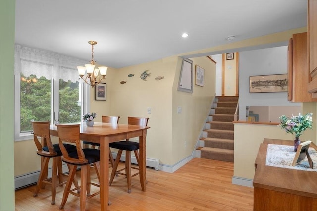 5 I St Unit 2, Newburyport, MA 01950 - dining room with stairway, light wood finished floors, a chandelier, baseboard heating, and recessed lighting