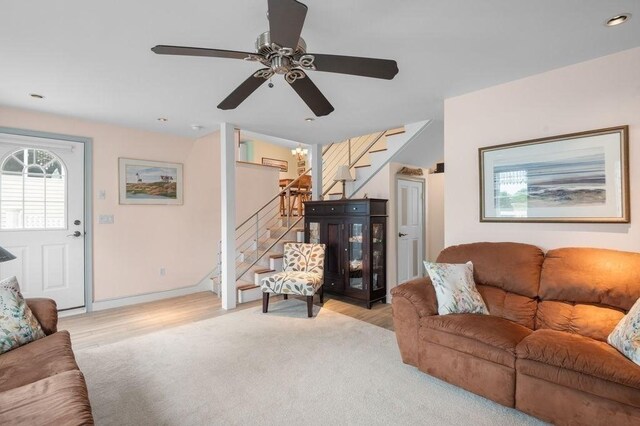 5 I St Unit 2, Newburyport, MA 01950 - living area with stairway, a ceiling fan, light wood-style floors, and recessed lighting