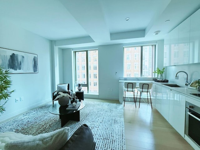 living room with sink, light hardwood / wood-style flooring, a raised ceiling, and plenty of natural light