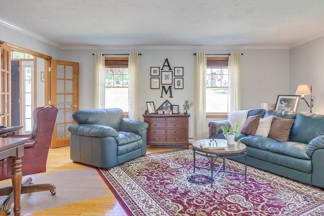 living room with ornamental molding and light hardwood / wood-style flooring