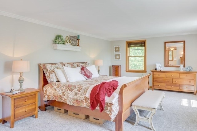 bedroom featuring ornamental molding and light carpet