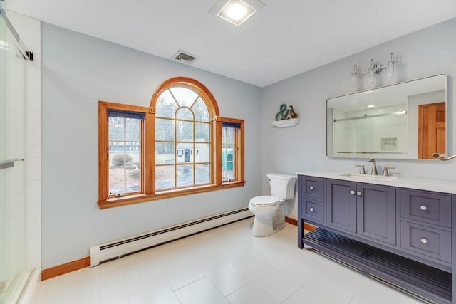 bathroom featuring vanity, a baseboard radiator, toilet, and walk in shower