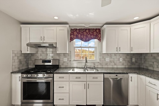 24 Hodgkins Dr, Ipswich, MA 01938 - kitchen featuring white cabinets, stainless steel appliances, a sink, and dark stone countertops