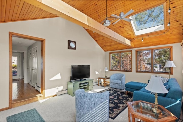 24 Hodgkins Dr, Ipswich, MA 01938 - carpeted living room with vaulted ceiling with skylight, wooden ceiling, and a baseboard heating unit