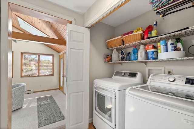 24 Hodgkins Dr, Ipswich, MA 01938 - laundry area featuring laundry area, baseboards, a baseboard heating unit, light carpet, and washer and clothes dryer