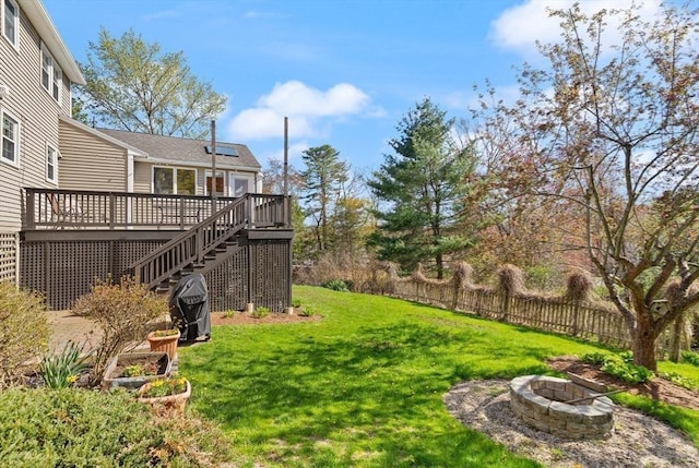 24 Hodgkins Dr, Ipswich, MA 01938 - view of yard featuring stairway, a fire pit, and a deck