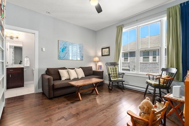 370 Beech St Unit 2, Boston, MA 02131 - living area featuring hardwood / wood-style floors, ceiling fan, and baseboards